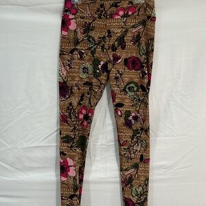 LuLaRoe Brown Floral Leggings with Pink and Green Accents